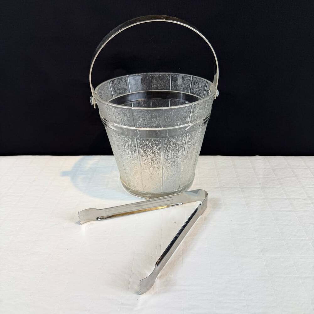 Clear Ribbed Glass Ice Bucket 1 Qt w/ Metal Handle & Tongs 5.5” Round